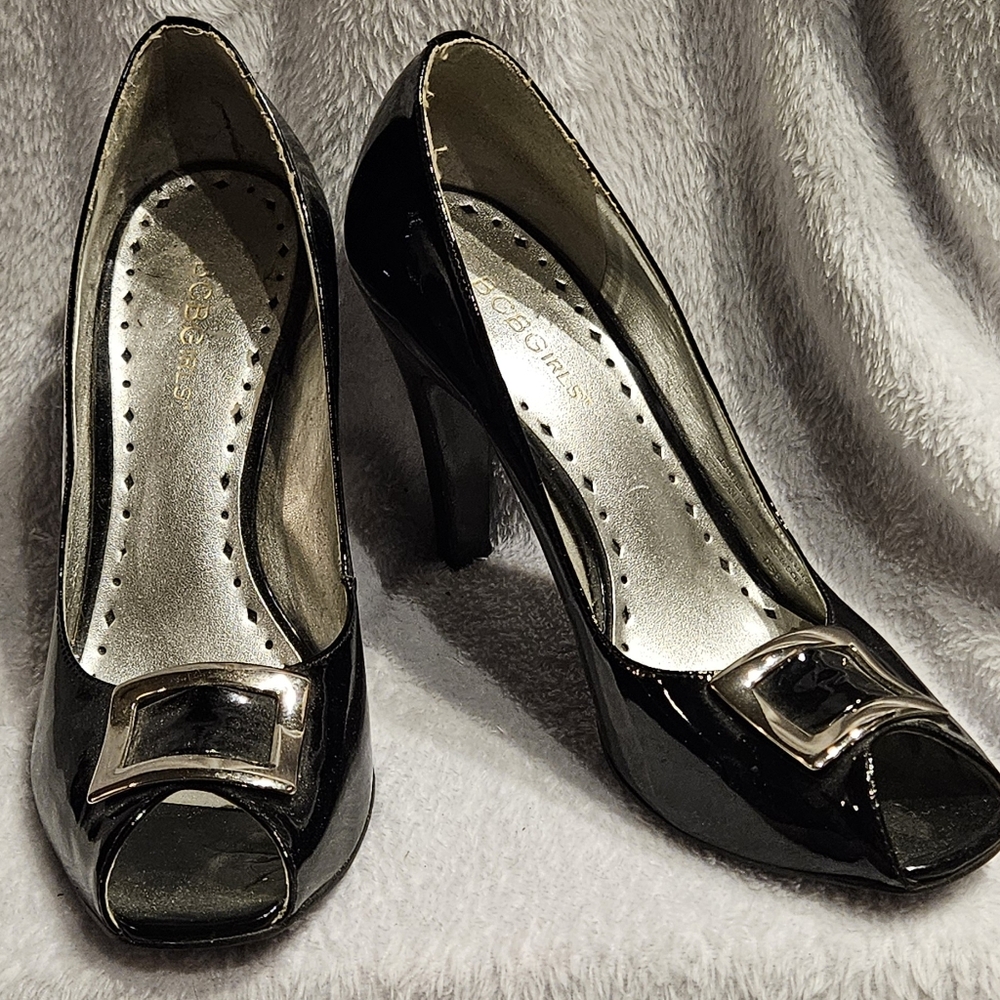 BCBGirls Patent Black Peep-Toe Heels